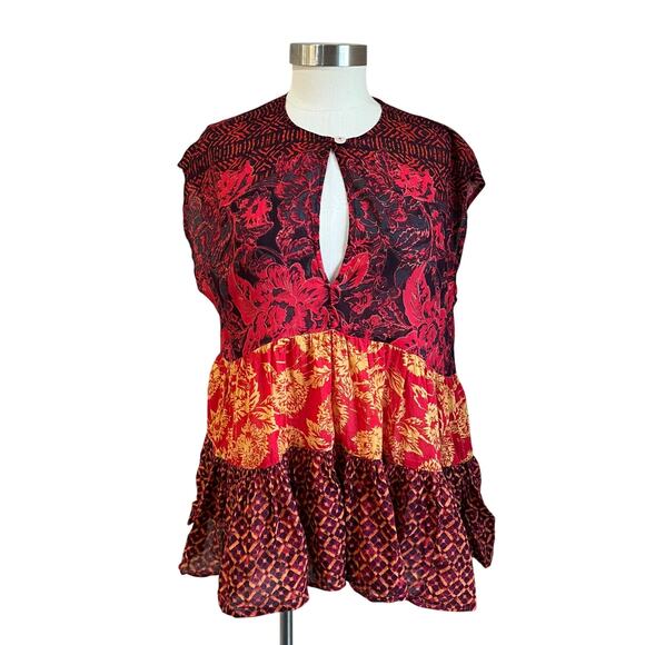 Free People Boho Red Warm Tones "Gotta Have You" Tiered Tunic Blouse Size XS - Picture 1 of 11